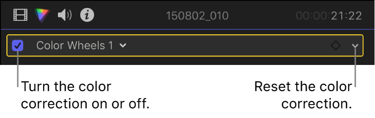 色補正エフェクトが表示されている「カラー」インスペクタ。左側にチェックボックス、右端にポップアップメニューがある