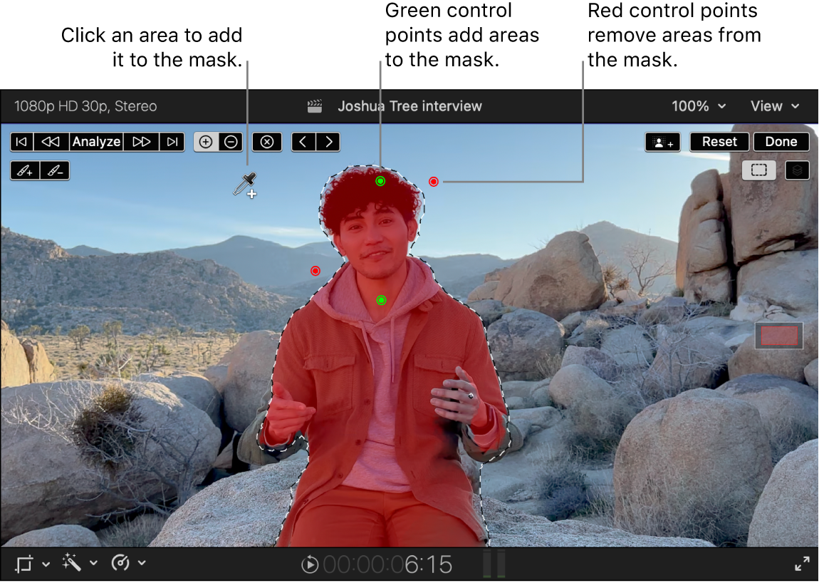 전면에 있는 사람에게 적용된 마그네틱 마스크를 보여주는 뷰어. 추가 스포이드가 활성화되며 초록색 및 빨간색 제어 포인트가 마스크에 추가되거나 제거되는 영역을 표시함.