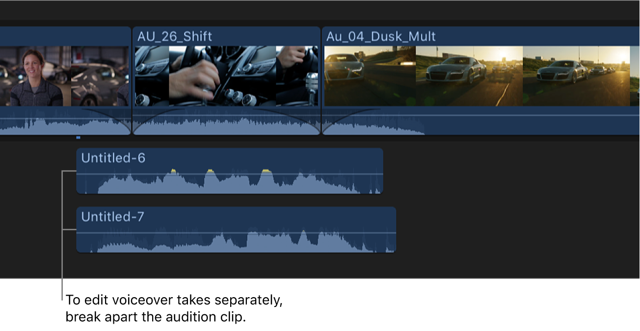 개별 클립으로 나누어진 보이스오버 오디션 클립을 표시하는 타임라인