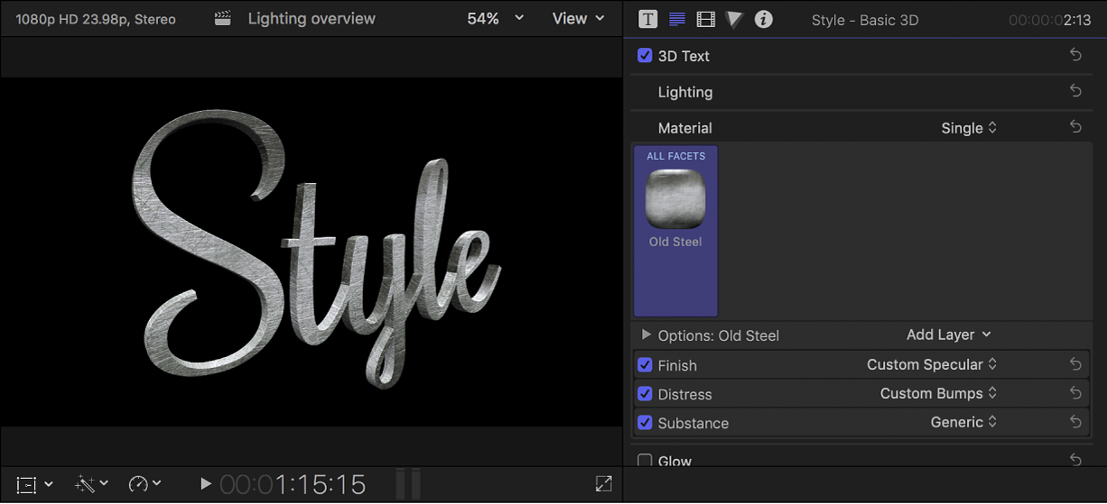 뷰어의 3D 타이틀과 텍스트 인스펙터에 표시된 프리셋 재료 설정