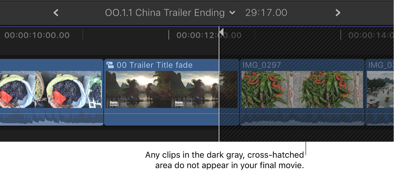 최종 동영상에 나타나지 않는 재료를 나타내는 타임라인의 컴파운드 클립 그물선 영역