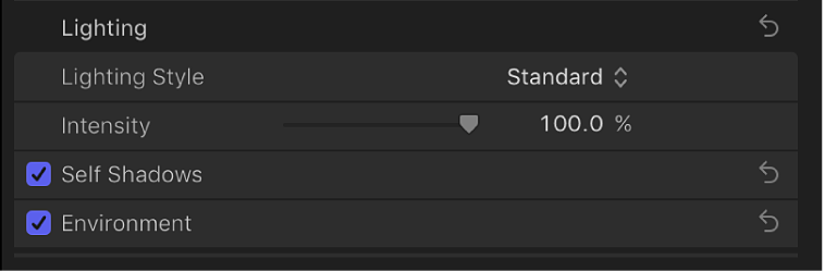 텍스트 인스펙터의 3D 텍스트 섹션에 있는 조명 섹션