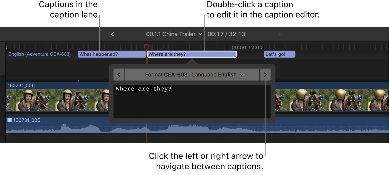 타임라인의 캡션 레인에 있는 세 개의 캡션 및 선택된 캡션의 텍스트를 보여주는 캡션 편집기