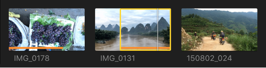 노란색 테두리 및 하단에 주황색 선이 있는 선택된 범위를 표시하는 브라우저 클립