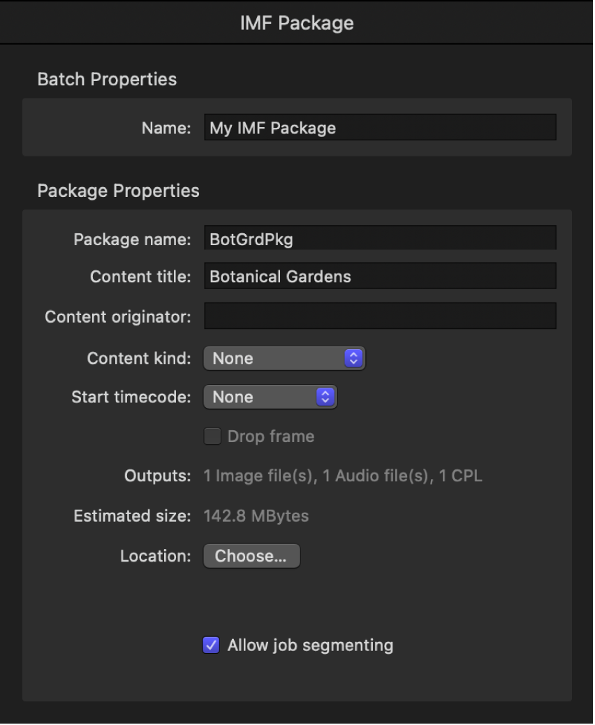 The IMF Package inspector in Compressor.