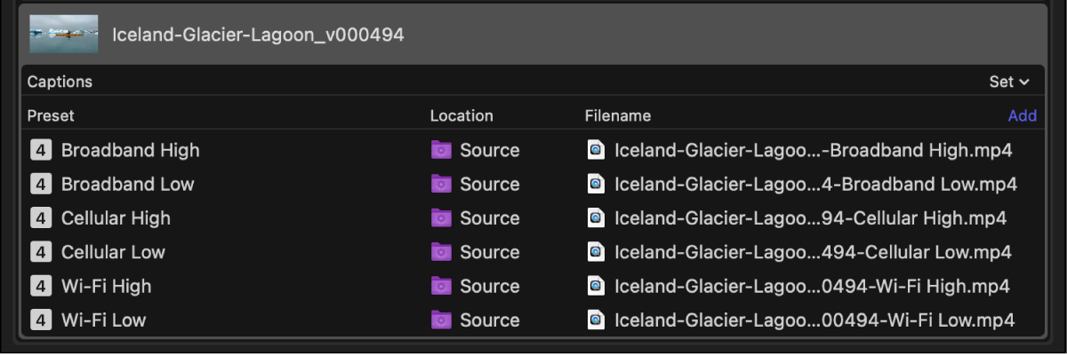 The batch area of Compressor showing one job with multiple outputs assigned.