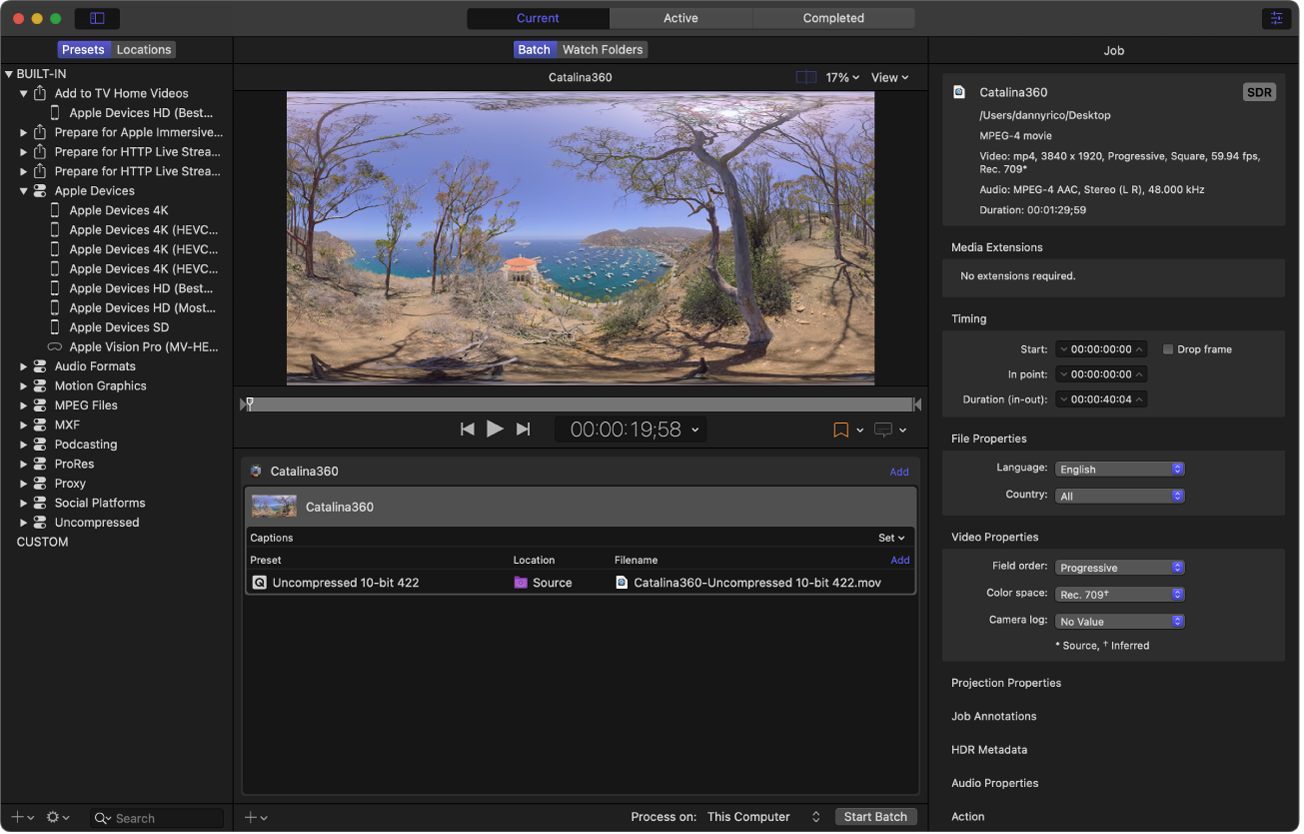 The Compressor window showing a 360° source file.
