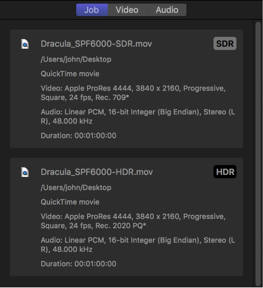 The Job inspector of Compressor showing separate summaries for the SDR source file and the HDR source file in an iTunes Store package.