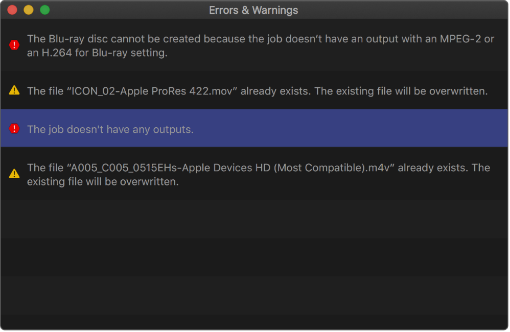 The Errors & Warnings window of Compressor showing two errors and two warnings.