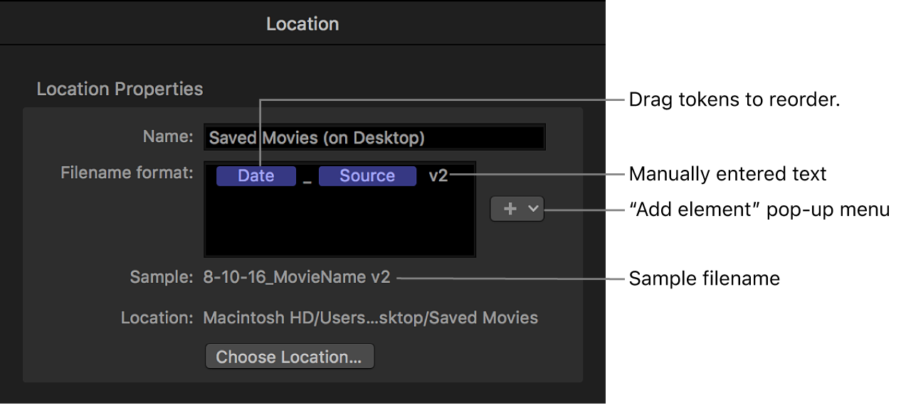The location inspector in Compressor showing how to customize Filename format.