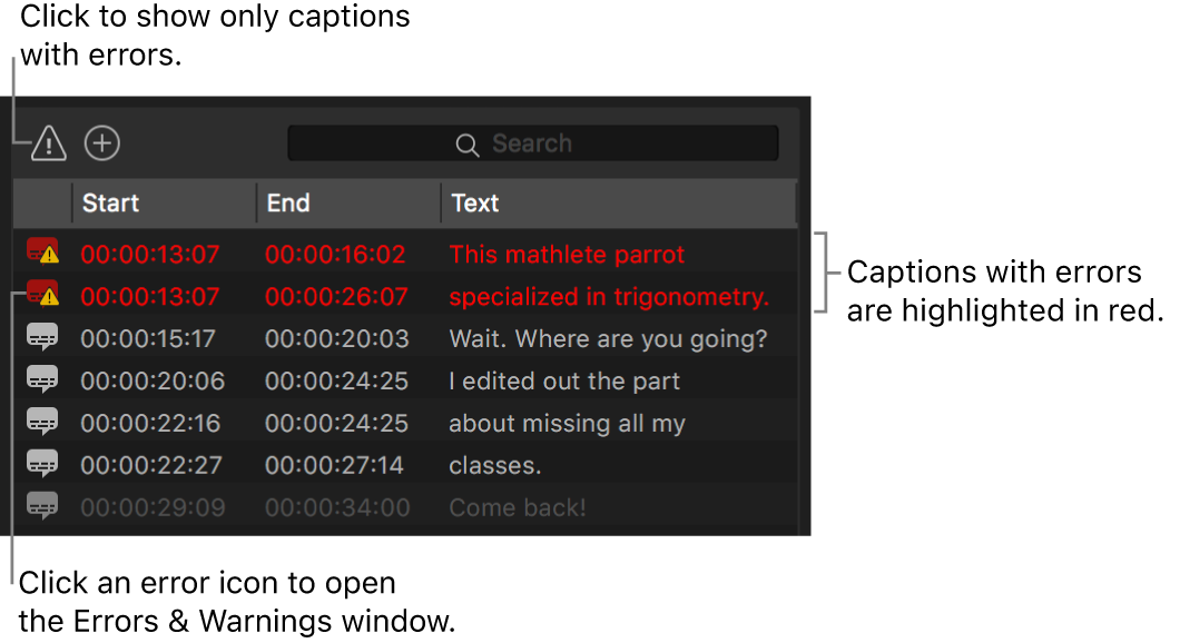 The Captions inspector of Compressor showing a list of captions with errors highlighted in red.