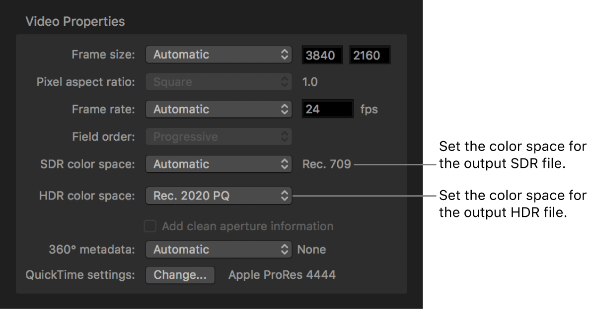 El inspector de tareas de Compressor con las propiedades de vídeo de un paquete de iTunes Store.