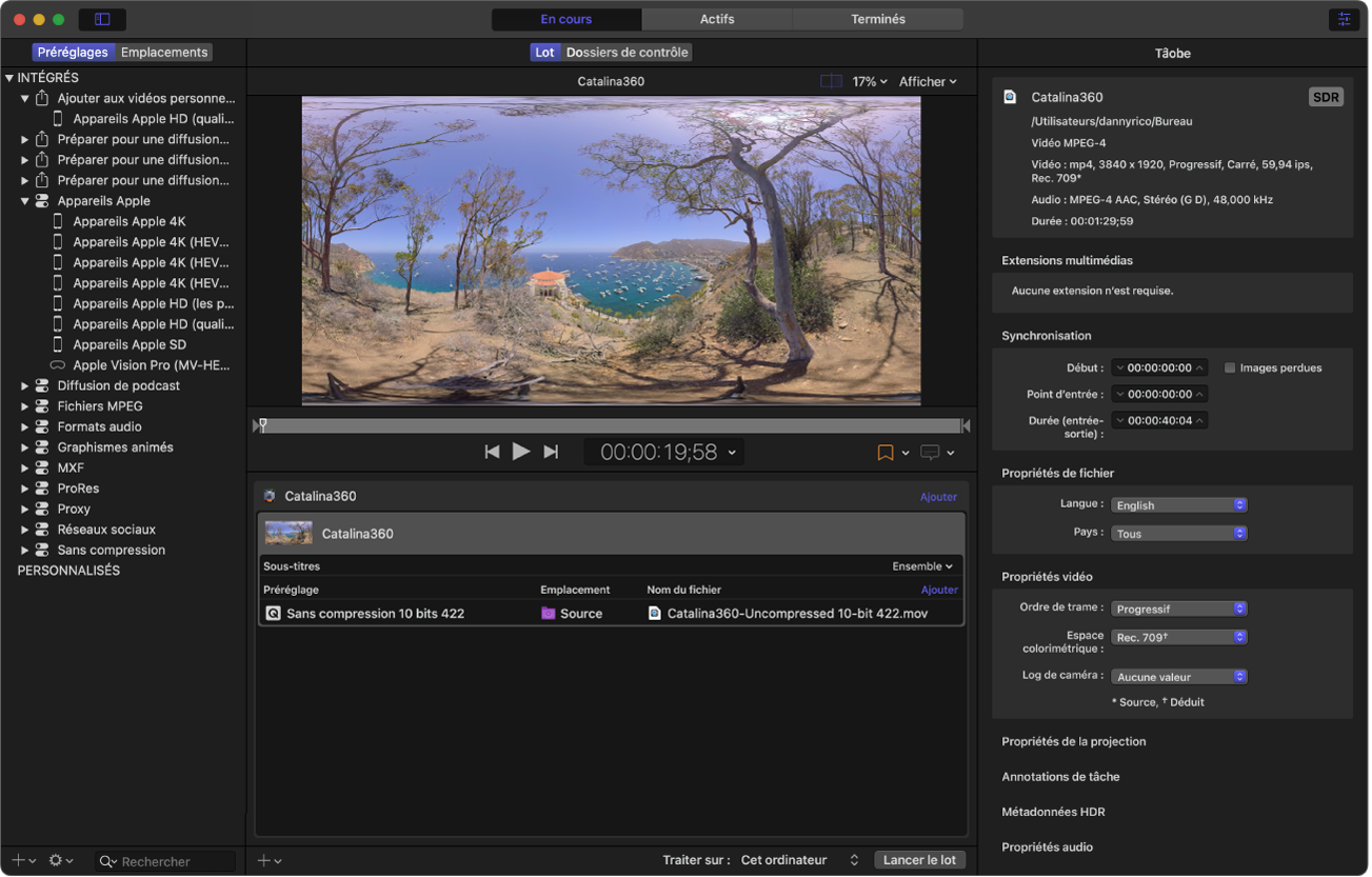 Fenêtre de Compressor affichant un fichier source 360°.