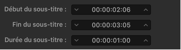 Champs de synchronisation de sous-titres dans l’inspecteur des sous-titres codés ou l’inspecteur des sous-titres.