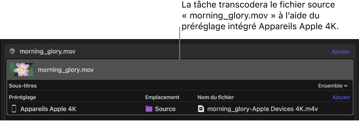 Zone de lot de Compressor affichant une tâche avec un seul préréglage appliqué.