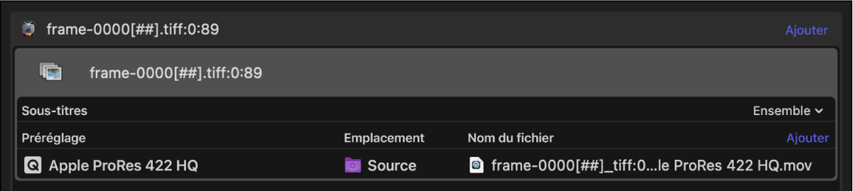 Tâche de séquence d’images dans la zone du lot de Compressor.