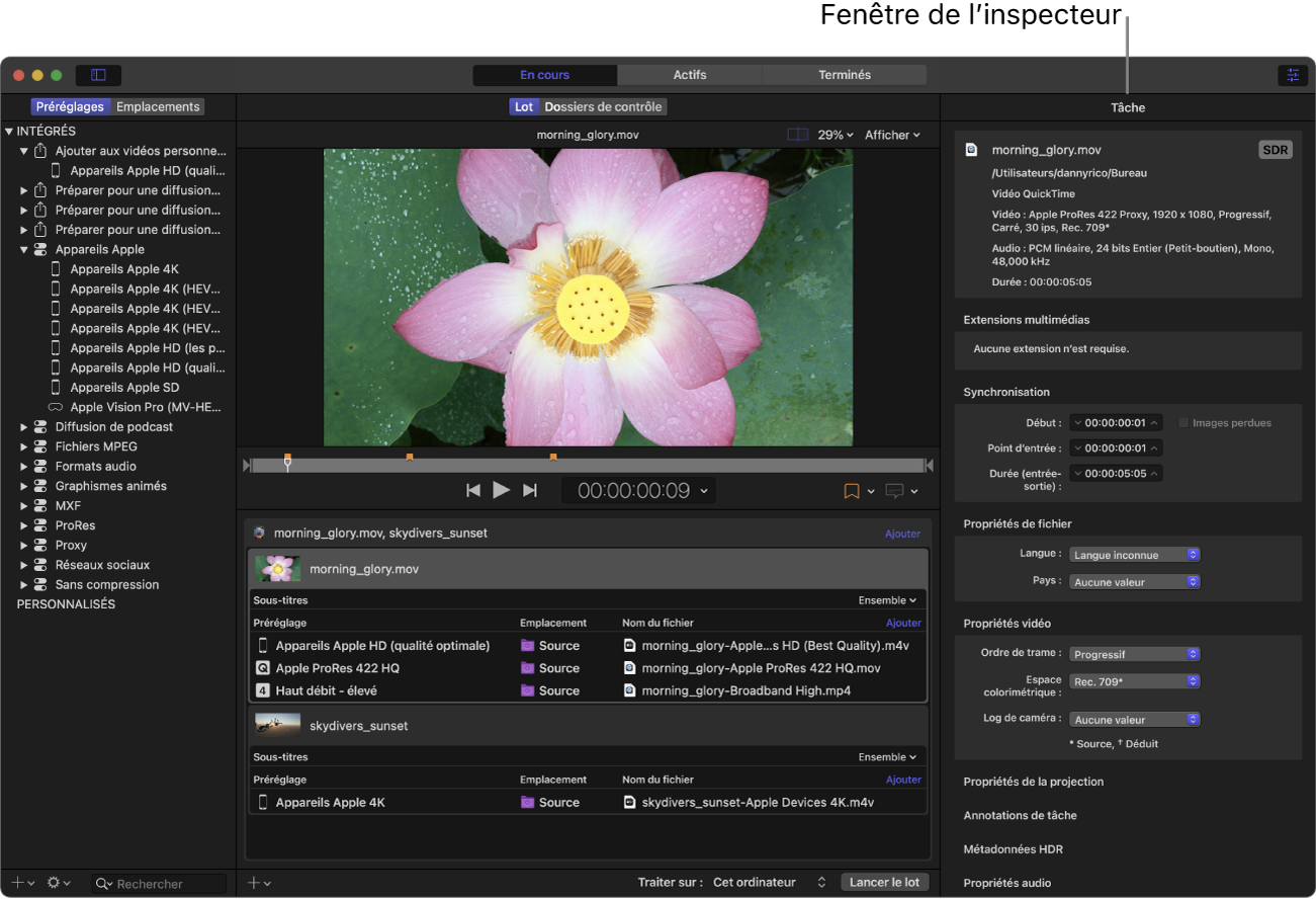 Fenêtre de Compressor avec la fenêtre de l’inspecteur affichée.