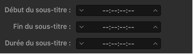 Champs de synchronisation des sous-titres dans Compressor affichant des tirets au lieu de timecodes.
