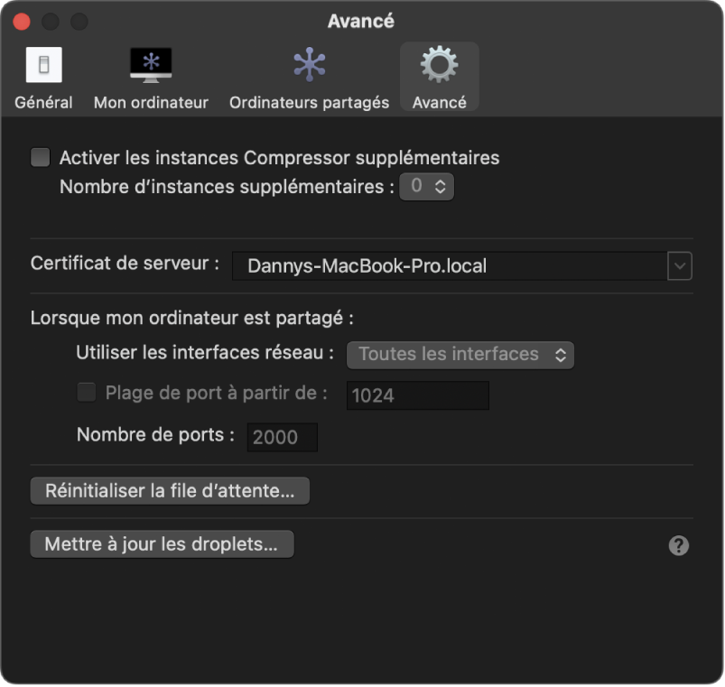 Fenêtre Réglages avancés dans Compressor.