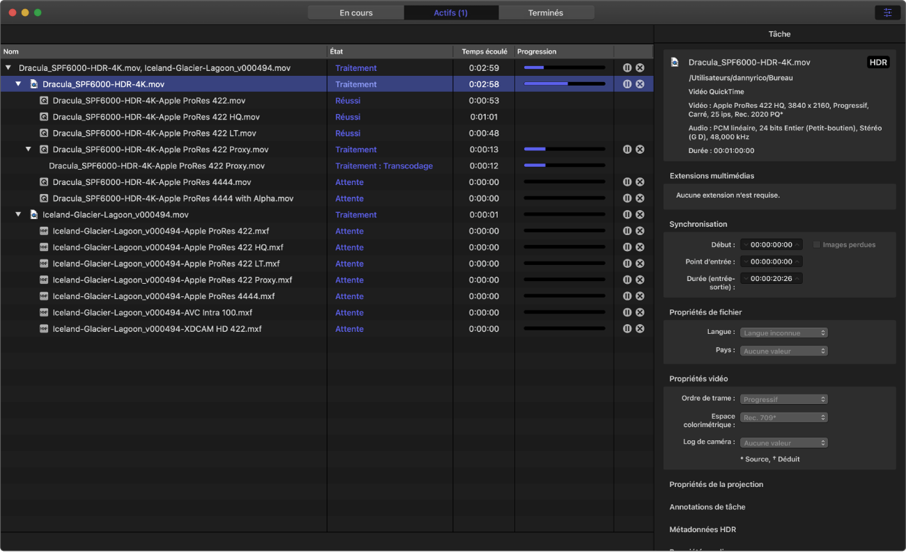 Fenêtre de Compressor affichant la présentation Actifs.