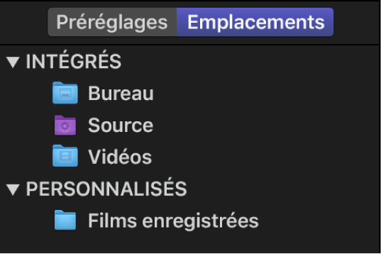 Fenêtre Emplacements de Compressor affichant les emplacements intégrés et personnalisés.