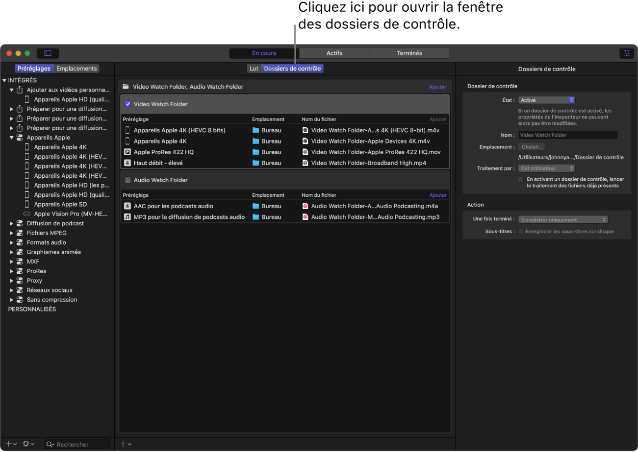 Fenêtre Compressor affichant la sous-fenêtre Dossiers de contrôle.