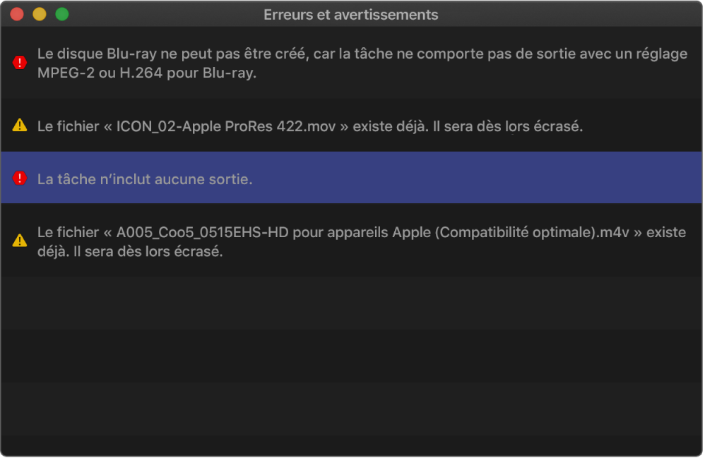 Fenêtre « Erreurs et avertissements » de Compressor affichant deux erreurs et deux avertissements.