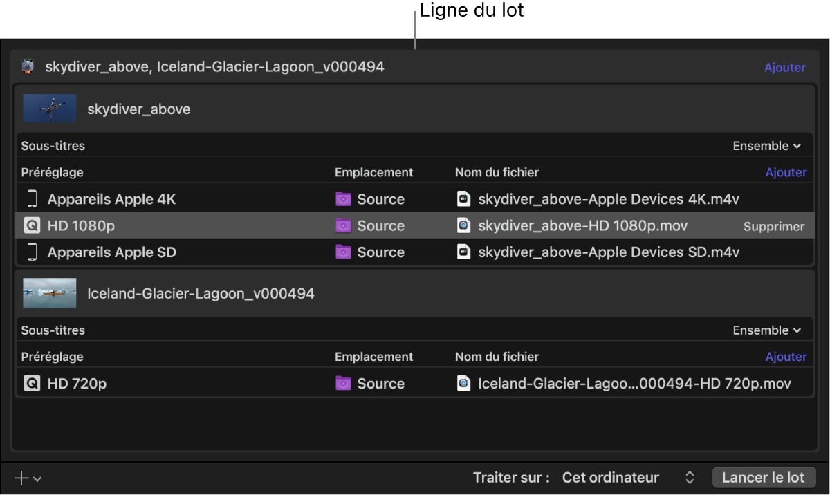 Zone du lot de Compressor avec le haut de la rangée du lot sélectionné.