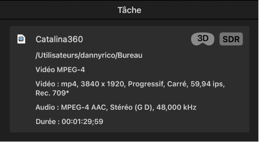 Résumé de tâche dans l’inspecteur de tâche de Compressor.
