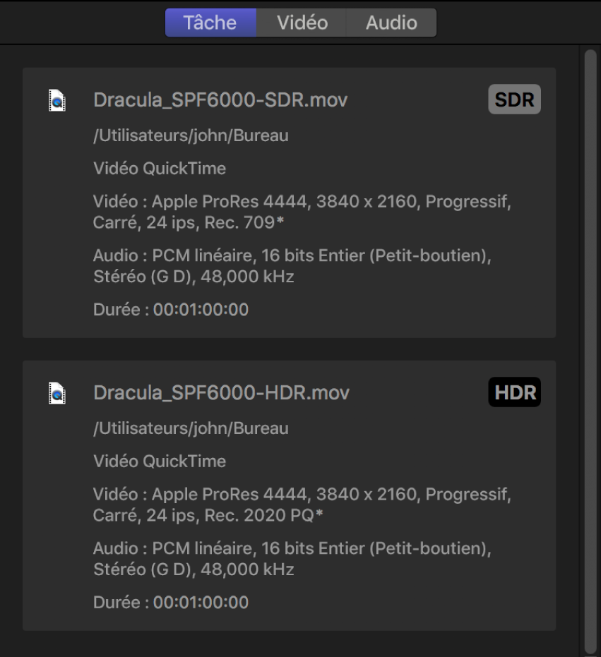 Inspecteur de tâche de Compressor affichant des résumés distincts pour le fichier source SDR et le fichier source HDR d’un paquet iTunes Store.