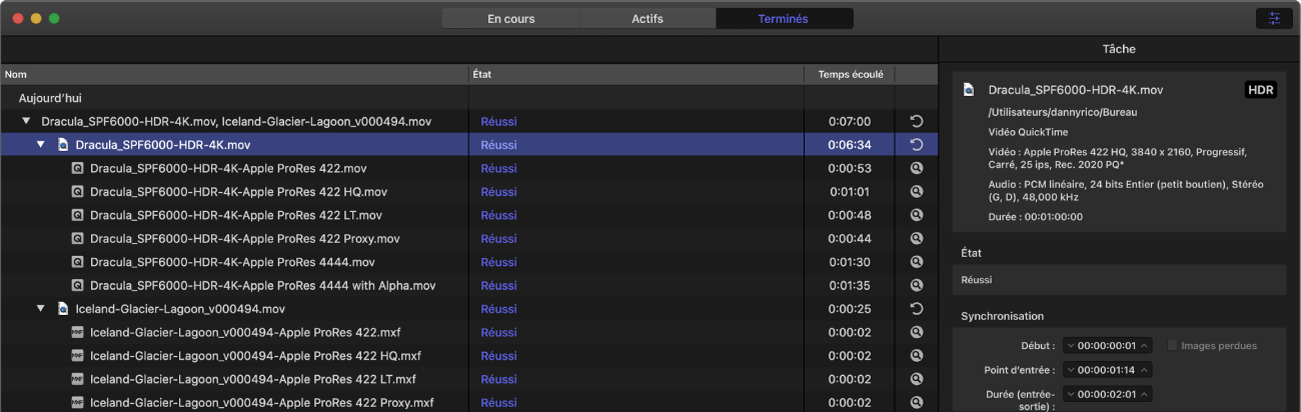Présentation Terminés dans Compressor avec la fenêtre de l’inspecteur affichée.