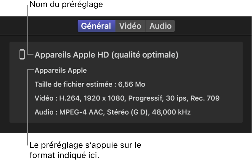Fenêtre Inspecteur de Compressor affichant un résumé de préréglage.