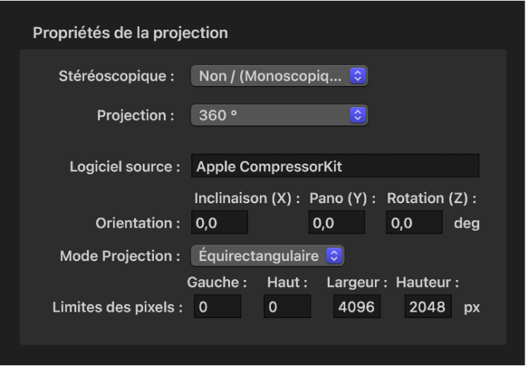 Fenêtre « Propriétés de la projection » dans Compressor, affichant des propriétés de métadonnées 360°.
