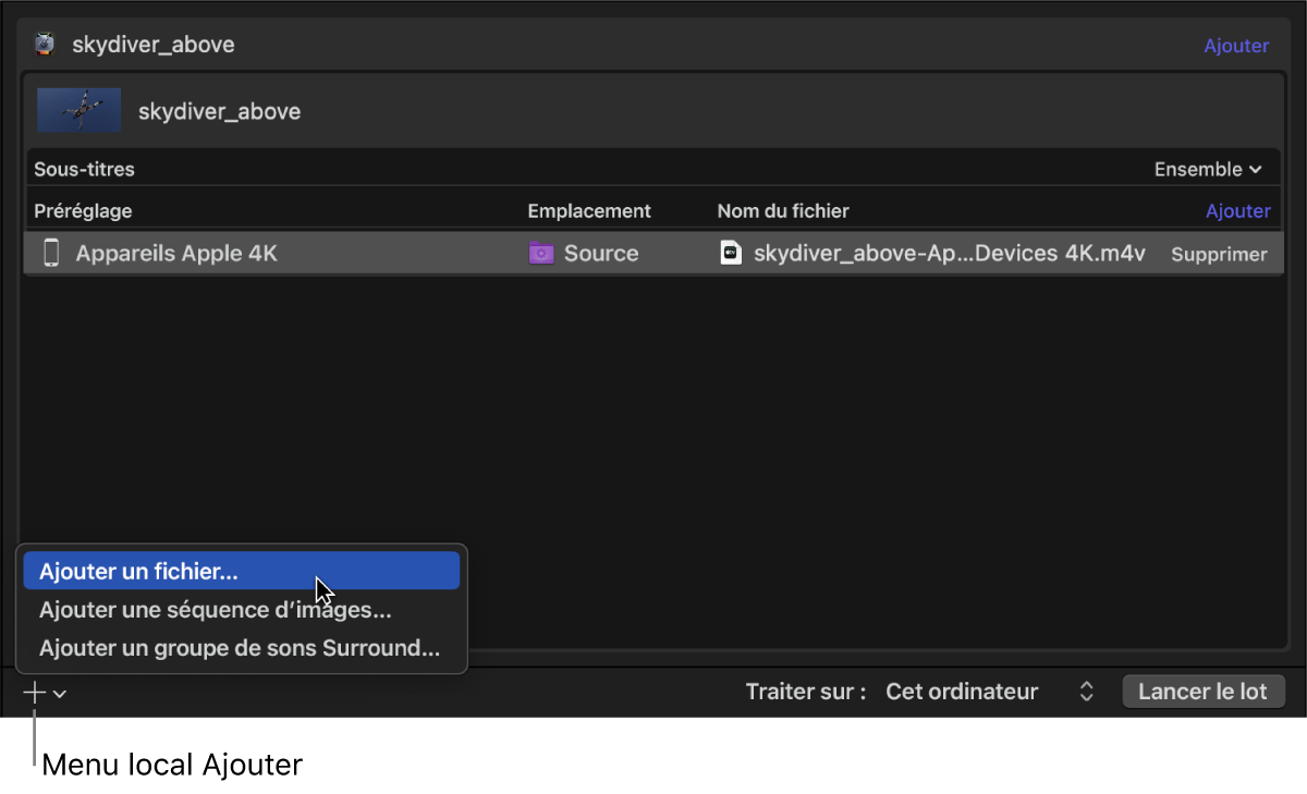 Zone du lot de Compressor avec le menu local Ajouter ouvert.