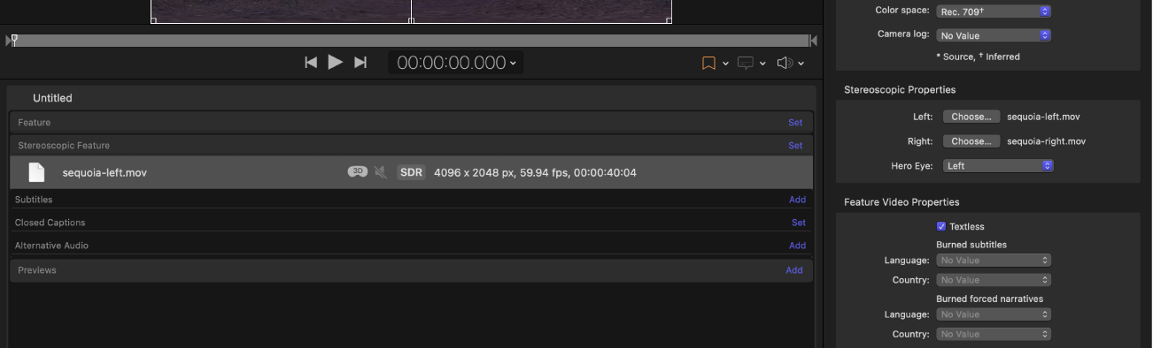 iTunes Storeパッケージの「ステレオスコピックプロパティ」セクションが表示されているCompressorの「ジョブ」インスペクタ。