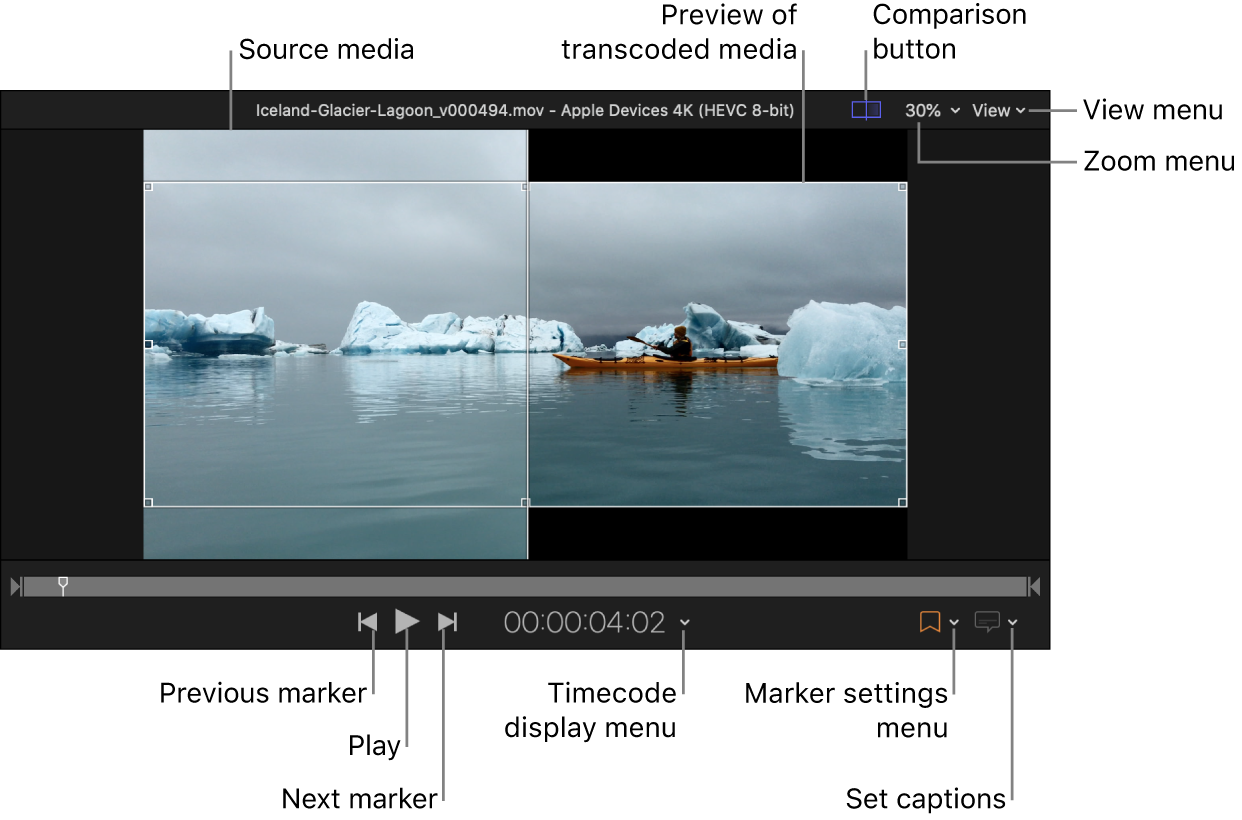 재생 제어기를 보여주는 Compressor의 미리보기 영역, 소스 미디어와 트랜스코딩된 미디어의 미리보기 간 비교.