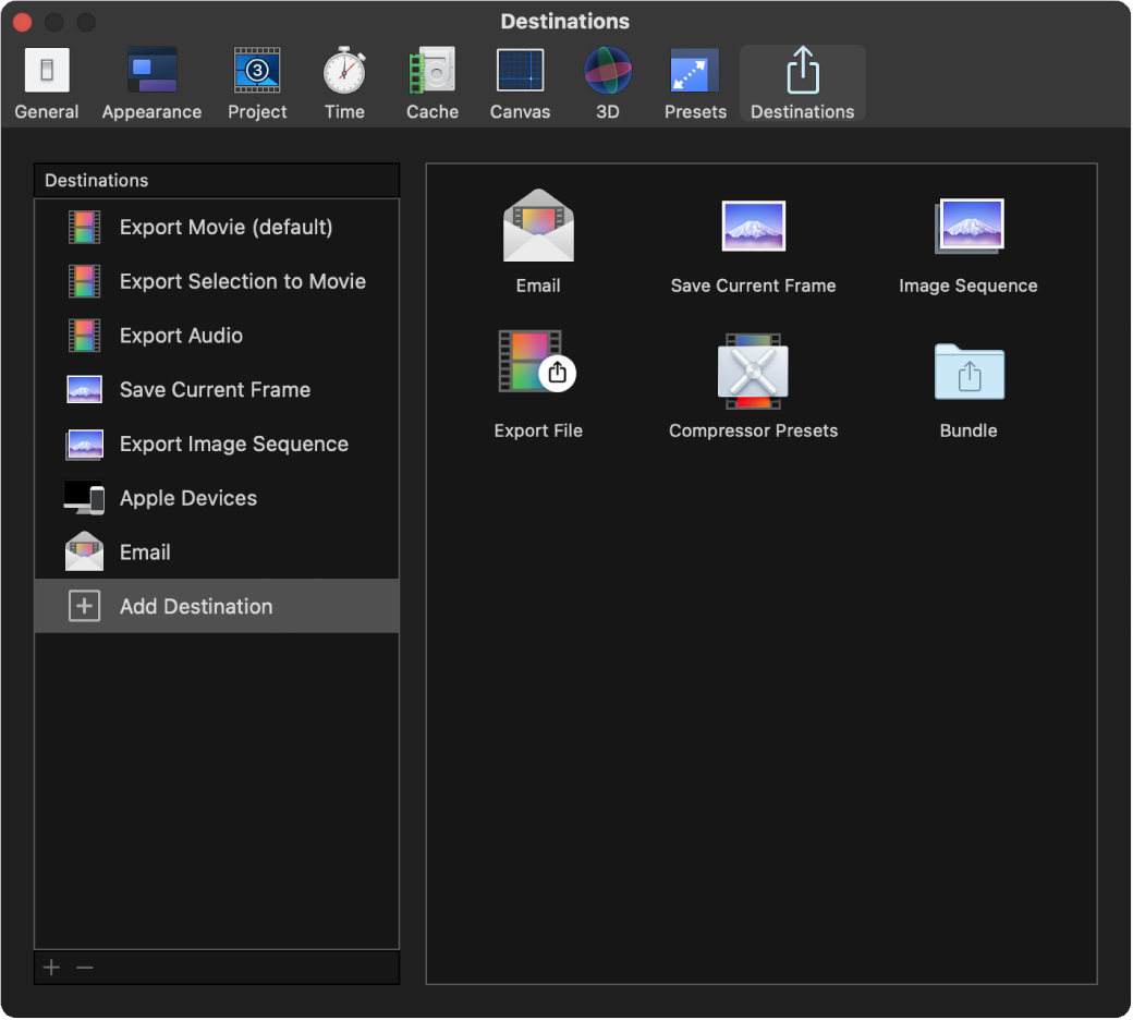 Bereich „Zielorte“ im Fenster „Motion-Einstellungen“