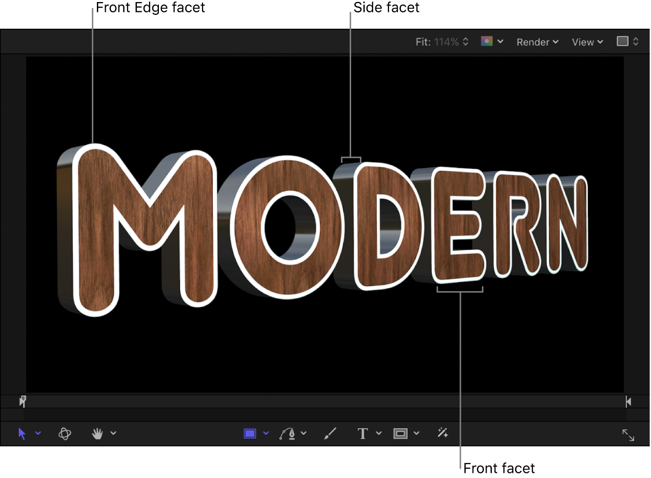 3D-Text im Canvas mit weißer Vorderkantenfacette, metallener Seitenfacette und hölzerner Vorderseitenfacette
