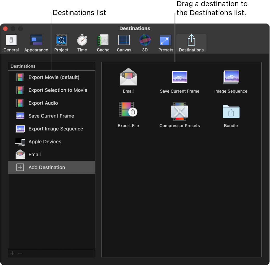 Motion Settings window showing Destinations pane