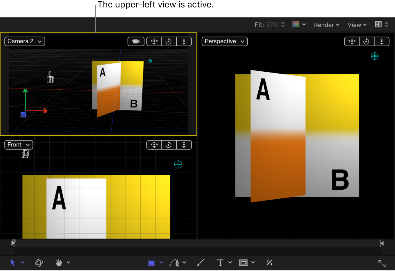 Canvas showing four-up view with upper-left view active
