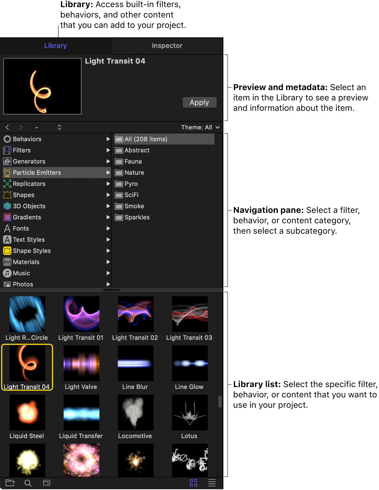 Library showing the preview area and the selected Particle Emitters category