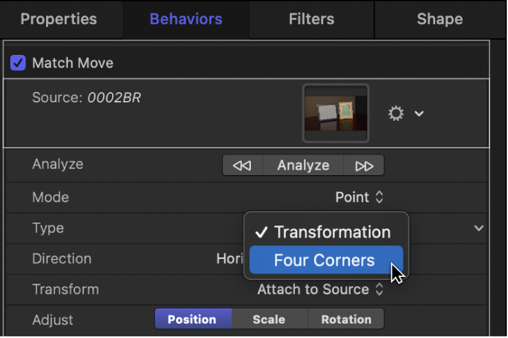 Behaviors Inspector showing Type pop-up menu options