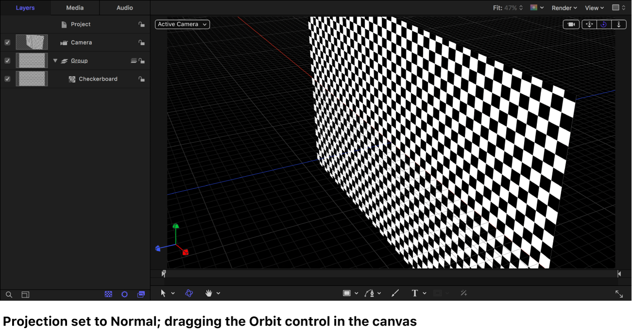 Canvas showing the camera orbiting a Checkerboard generator displayed in Normal projection