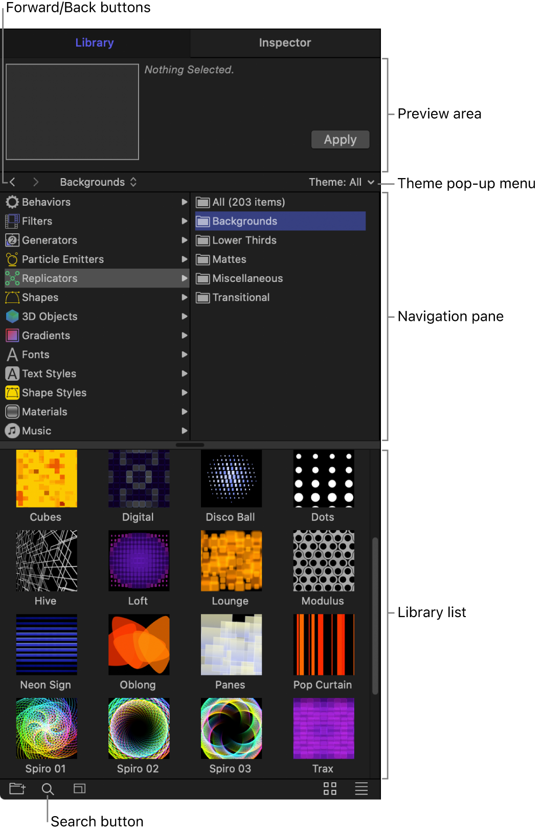 Areas of the Library: Preview area, forward and back buttons, Theme pop-up menu, navigation pane, Library list, and the search button