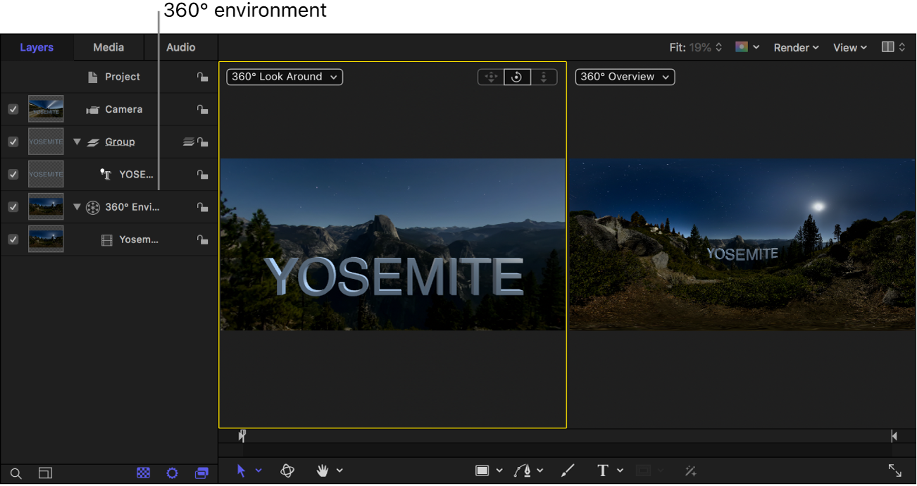 Project showing a 360° environment in the Layers list