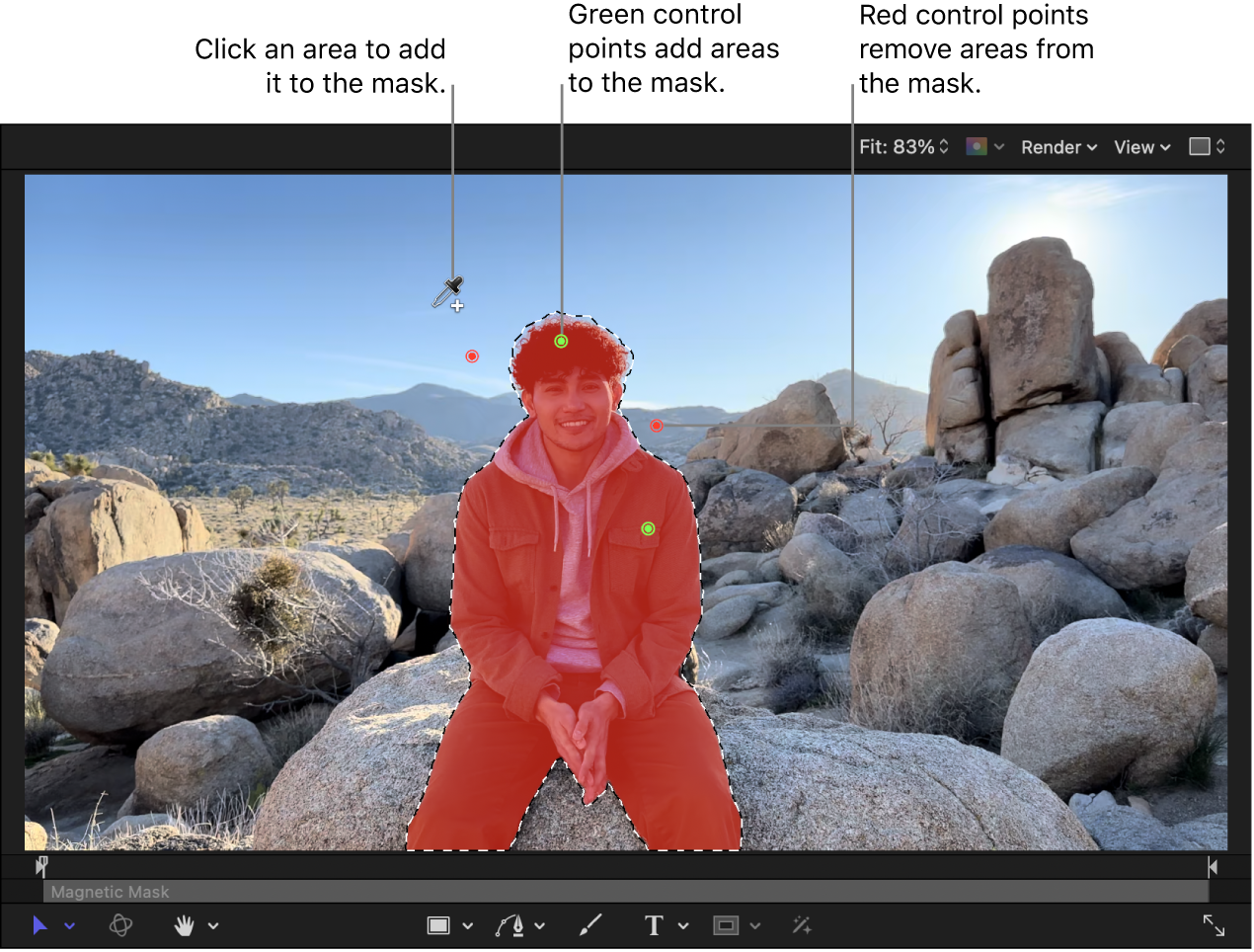 The canvas showing a Magnetic Mask applied to a person in the foreground. The Add eyedropper is active, and green and red control points indicate areas added to or removed from the mask.