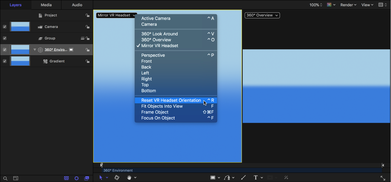 Choosing Reset VR Headset Orientation from the Camera menu in the canvas