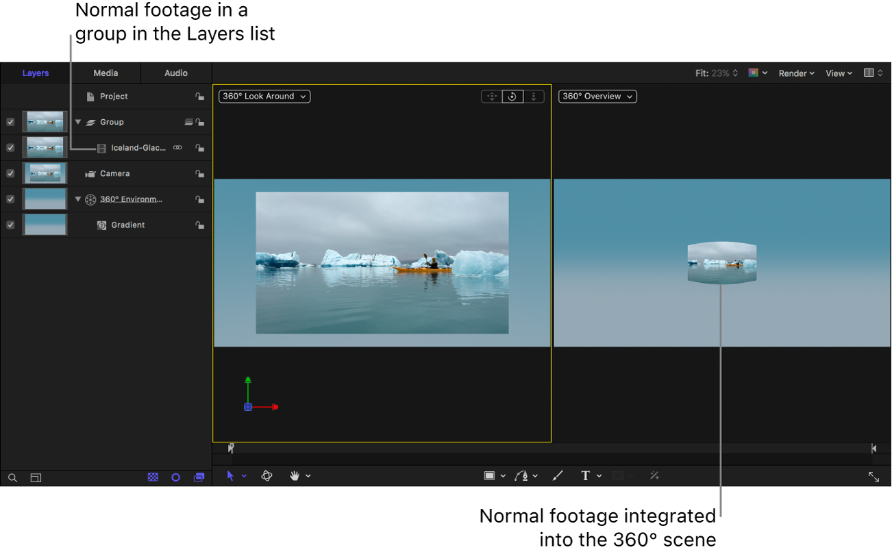 Standard footage added to group object in 360° project
