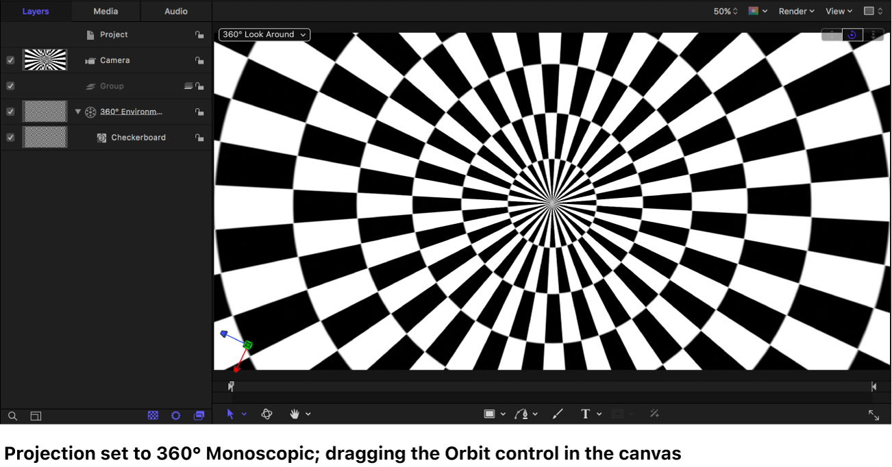 Canvas showing a Checkerboard generator displayed in 360° Monoscopic projection while dragging the Orbit control