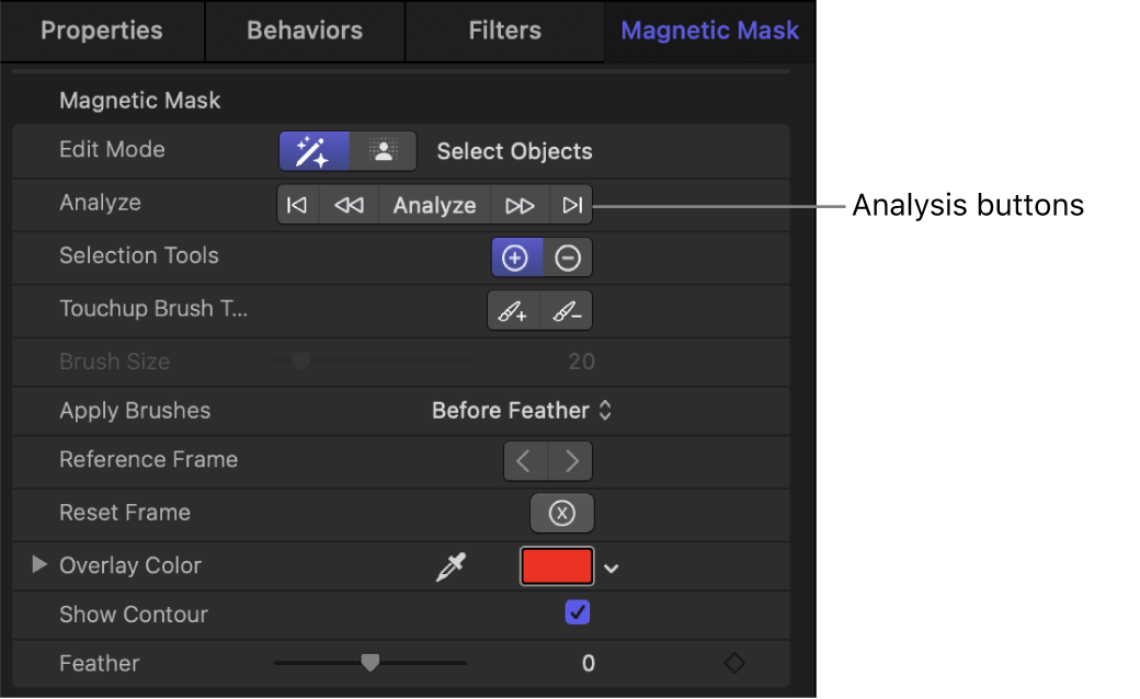 Analysis buttons in the Magnetic Mask Inspector for specifying which part of the clip to apply the mask to. From left to right, the buttons are Previous Frame, Analyze Backward, Analyze, Analyze Forward, and Next Frame.